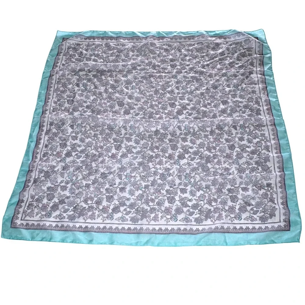Vintage Berkshire Silken Polyester Scarf Floral Teal Border Grandmacore Coquette